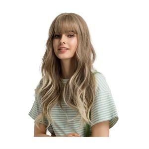 24"Women Synthetic Wigs Long Wavy Blonde with Fluffy Air Bangs Light